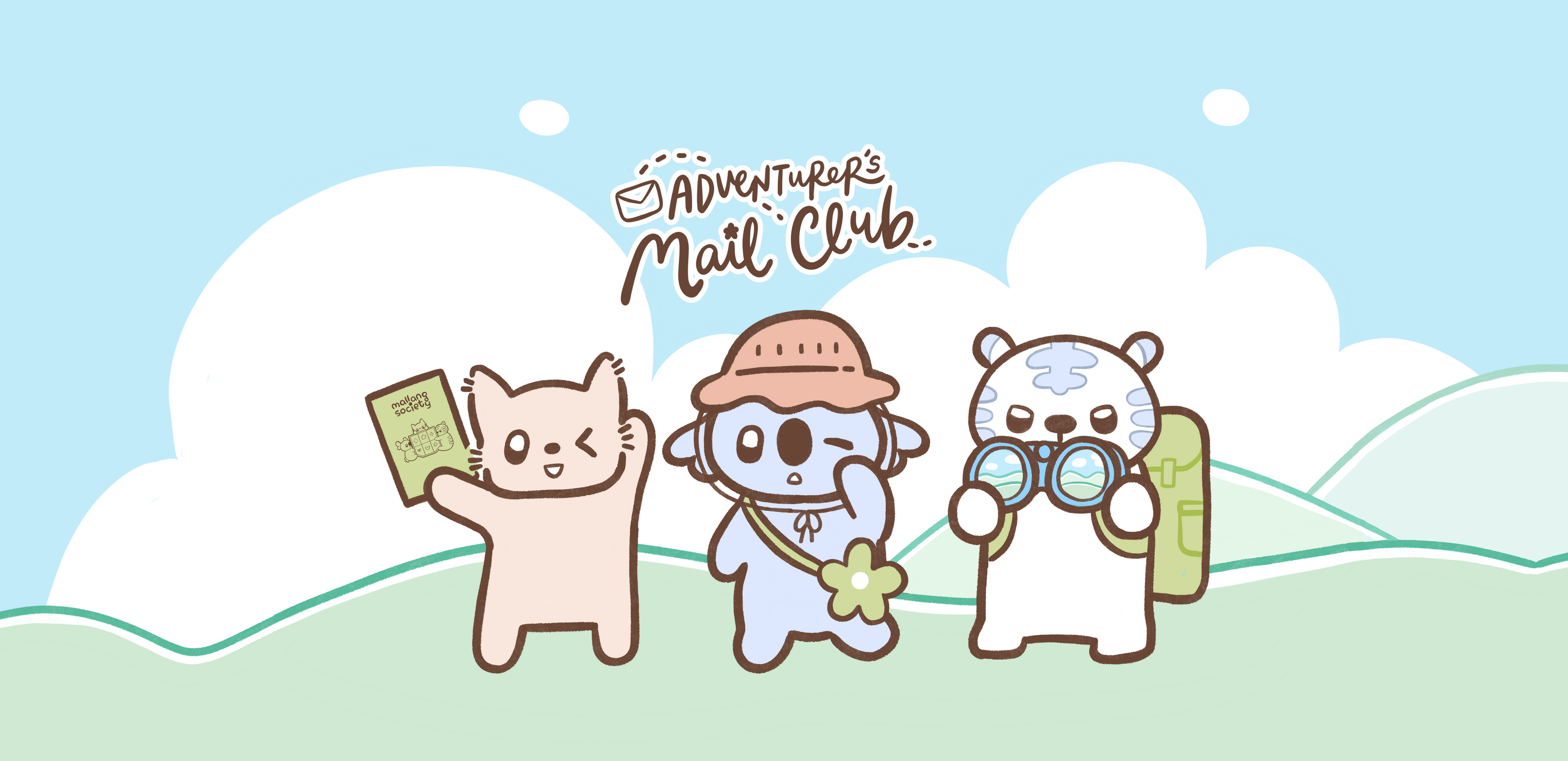 Three cartoon animals with hiking gear on a blue sky background, featuring 'Adventures Mail Club' text.